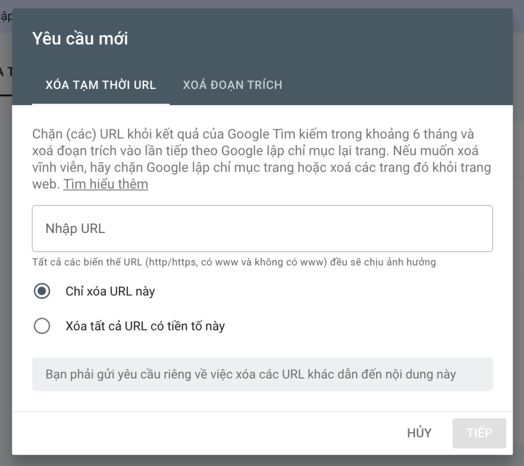 xoa url tren gsc
